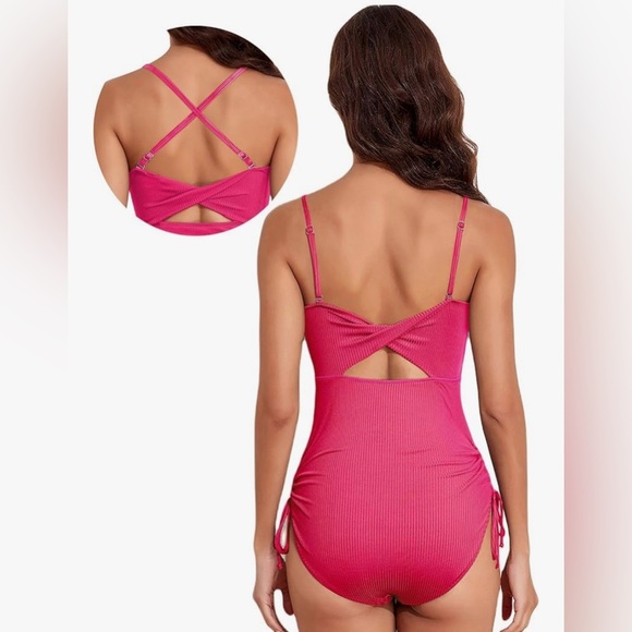 Elegant Ribbed Vibrant Pink
Full coverage 
Ruched & Tie Sides
Removable straps - Picture 2 of 6